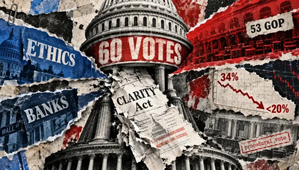 CLARITY Act’s Senate passage odds fall below 20% ahead of Tuesday vote.