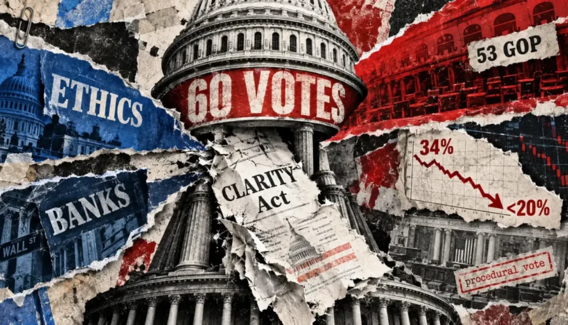 CLARITY Act’s Senate passage odds fall below 20% ahead of Tuesday vote.