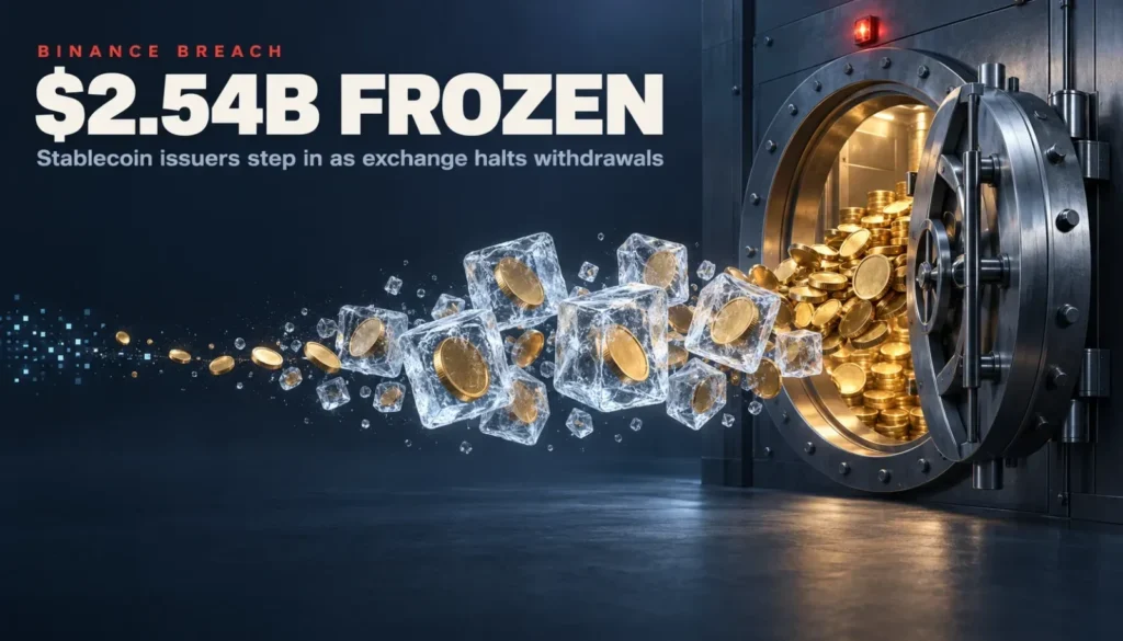 Binance breach, $2.54B frozen: gold coins flowing out of an open vault, most of them locked in blocks of ice