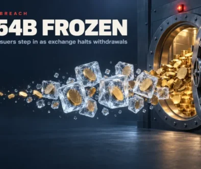 Binance breach, $2.54B frozen: gold coins flowing out of an open vault, most of them locked in blocks of ice